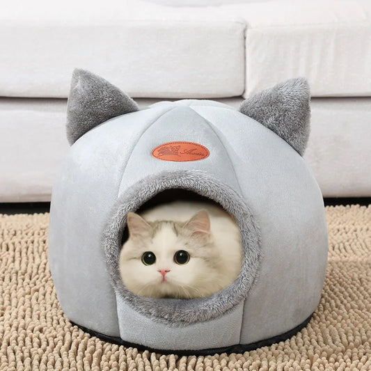Cozy Winter Cat Cave Bed – Plush Igloo Nest for Cats & Small Dogs (Warm & Removable Cushion)